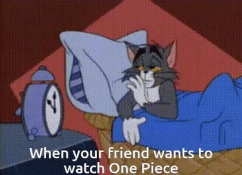 cartoon image with caption for friend wants to watch one piece