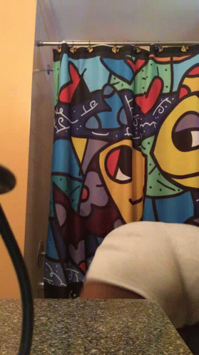 a small toilet with an artistic shower curtain behind it