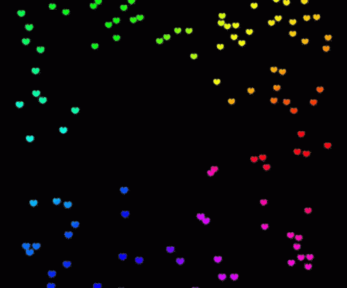 colorful hearts arranged in many shapes against a black background