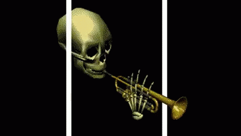 skeleton playing a trumpet with bones