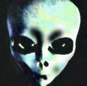 a person with black eyes wearing an alien mask