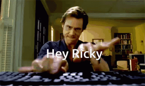 a man pointing to the right at a keyboard with the words hey tricky above him