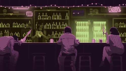 two people sitting at a bar in front of liquor bottles