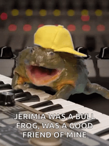 a frog wearing a hat is sitting near a piano keyboard