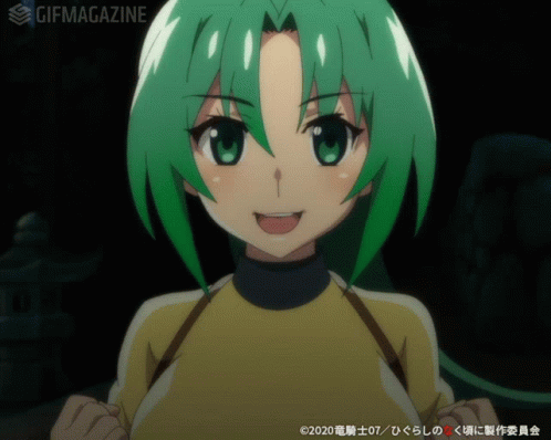 this anime has short green hair and is smiling