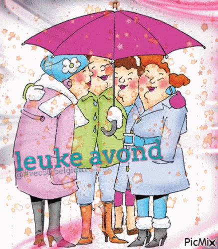a group of cartoon people all dressed up under an umbrella