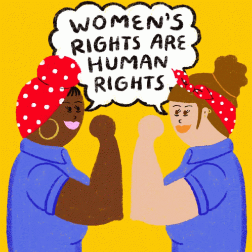 two people who have faces and one has a speech bubble with words that say women's rights are human rights