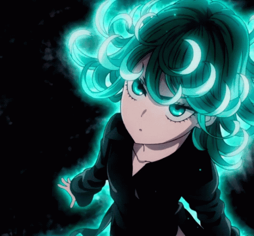 anime character with green hair and bright green eyes in a black background