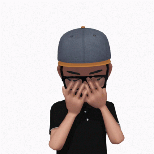 an avatar of a person wearing a baseball cap covering his face with one hand