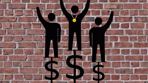 three figures with dollar signs with green and blue eyes standing in front of a brick wall