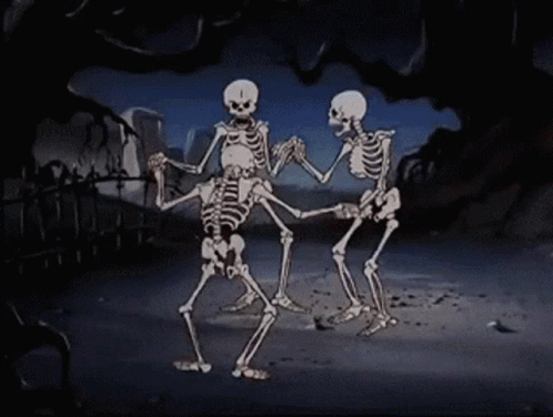 two skeleton dancing together on the dark background