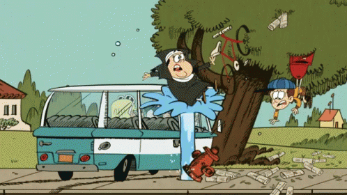 a bus crashed in front of a cartoon character