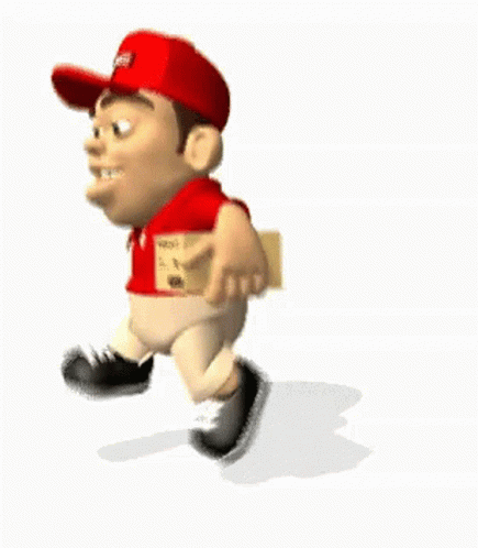 the character in baseball cap is running and smiling
