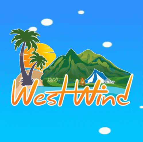 the words westwind written in blue on a yellow background