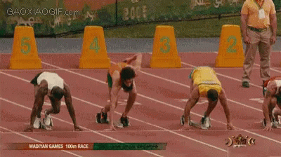 several images of men standing and kneeling on a track