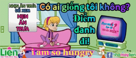 a cartoon of a girl on a couch and an older tv with the caption'i am so hungry '