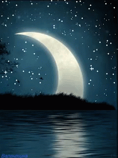 an illustration of a white crescent above the water at night