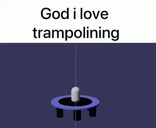 the cover to god i love trampoling shows a tall white object in a red and black circle with an orange floor