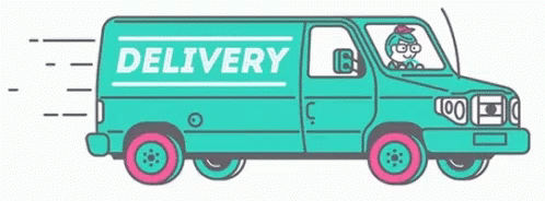 a green delivery truck is driving and holding the door open
