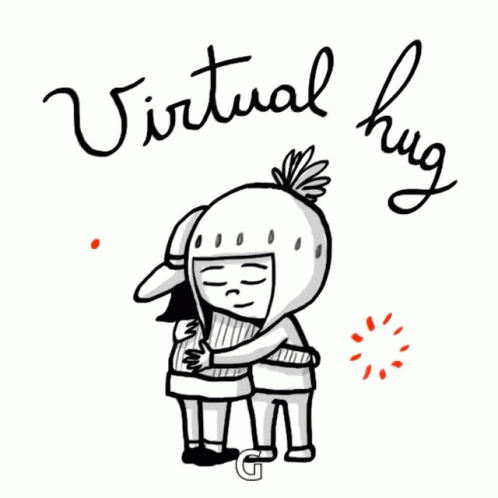 cartoon character hugging another character with text that says virtual hug