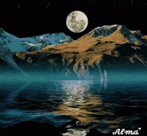the full moon and mountains reflected in the water