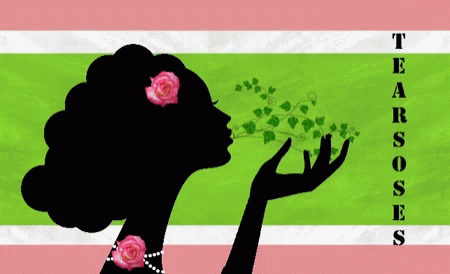 a graphic shows the silhouette of a woman who is blowing pink roses