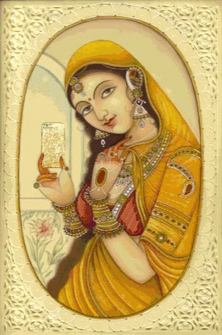 a painting with a woman holding a cell phone
