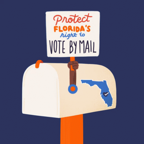 a brown and blue mailbox holding a sign that reads protect florida's night to vote by email