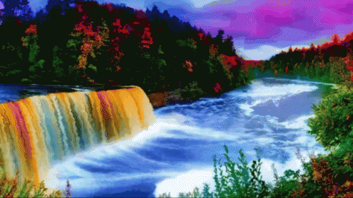 a painting of a waterfall in the distance with trees on either side