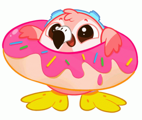 a cartoon style bird sitting inside a doughnut