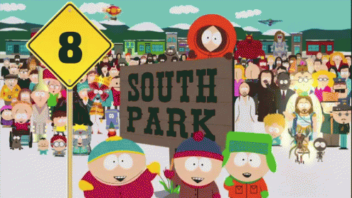 south park showing the people and a street sign