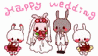 a drawing of a couple of cute bunny and one bunny girl, and the words happy wedding are written below