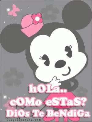 a purple mickey mouse with text that reads hola, como ests? dios te bendida
