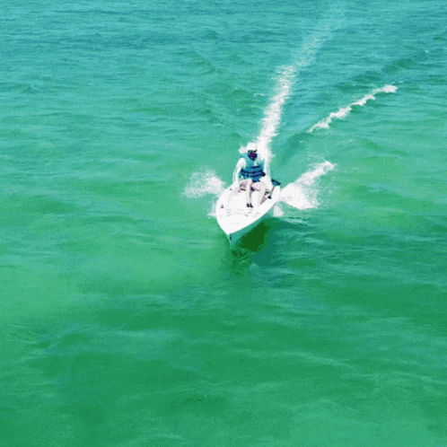 a person in a motorboat traveling through bright green water