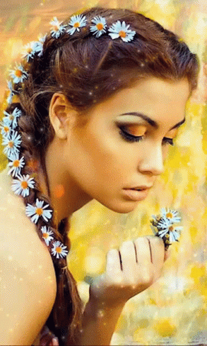 a woman with flower in her hair, blue and gold