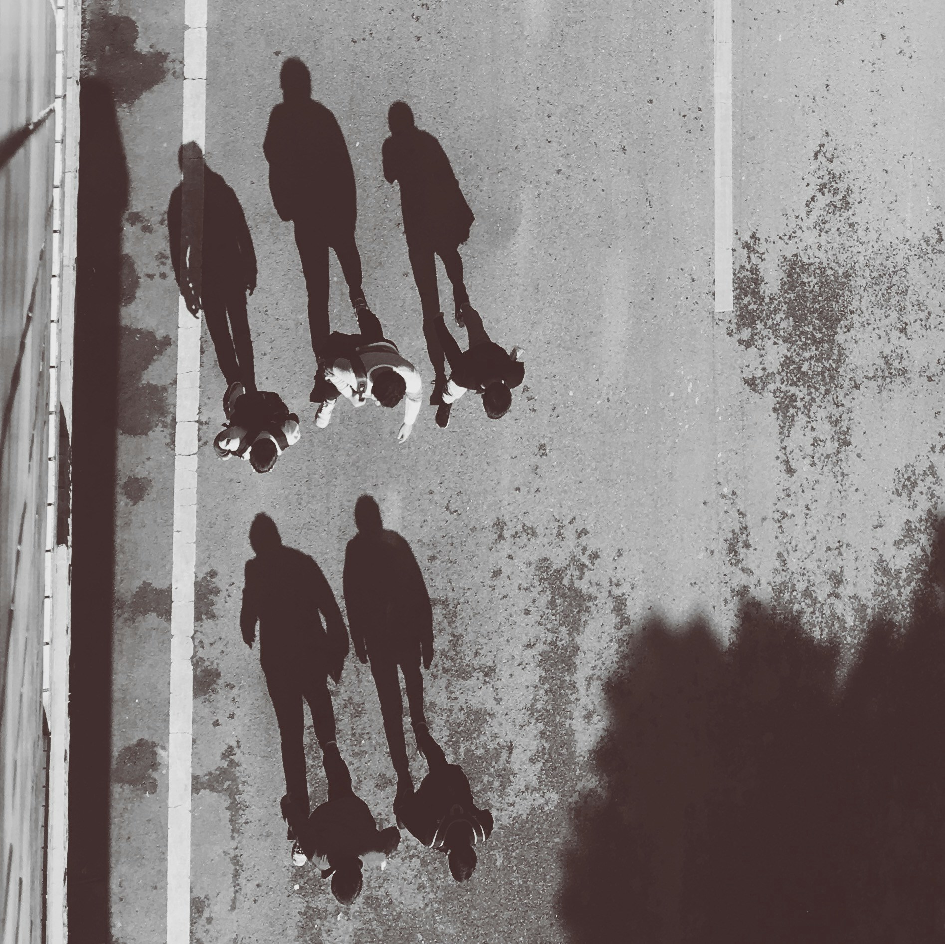 an aerial view shows the shadows of skateboarders and one person